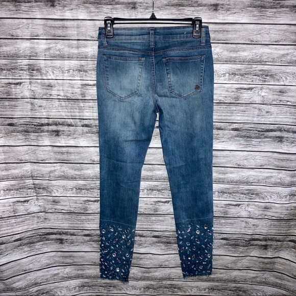 Rhinestone Beaded Ankle Trim Indigo Rein Denim Cropped Jeans Raw Hem women’s 26 - Picture 5 of 7
